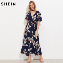SHEIN Flutter Sleeve Surplice Wrap Dress Casual A Line Summer Maxi Dress Navy Half Sleeve V Neck Floral Maxi Dress