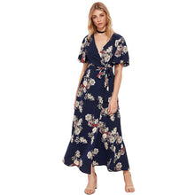 SHEIN Flutter Sleeve Surplice Wrap Dress Casual A Line Summer Maxi Dress Navy Half Sleeve V Neck Floral Maxi Dress