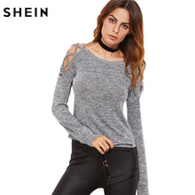 SHEIN Womens Long Sleeve Tops Womens Clothing Autumn Casual Tee Shirt Grey Marled Crisscross Hollow Out Open Shoulder T-shirt