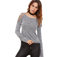 SHEIN Womens Long Sleeve Tops Womens Clothing Autumn Casual Tee Shirt Grey Marled Crisscross Hollow Out Open Shoulder T-shirt