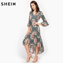 SHEIN Tie Neck Flare Sleeve Frilled Dip Hem Dress Multicolor Floral Print V Neck Three Quarter Length Sleeve High Low Dress