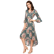 SHEIN Tie Neck Flare Sleeve Frilled Dip Hem Dress Multicolor Floral Print V Neck Three Quarter Length Sleeve High Low Dress