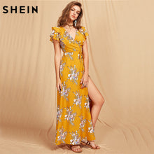 SHEIN Women Flutter Sleeve Crisscross Back Surplice Wrap Botanical Dress Summer Yellow V Neck Cap Sleeve Maxi Dress