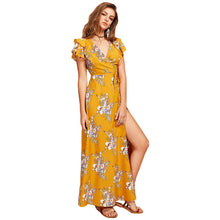 SHEIN Women Flutter Sleeve Crisscross Back Surplice Wrap Botanical Dress Summer Yellow V Neck Cap Sleeve Maxi Dress