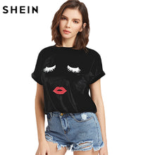 SHEIN Female T-shirt Womens Tops 2017 Summer Black Cartoon Face Print Round Neck Short Sleeve Cute Velvet T-shirt