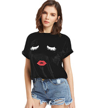 SHEIN Female T-shirt Womens Tops 2017 Summer Black Cartoon Face Print Round Neck Short Sleeve Cute Velvet T-shirt