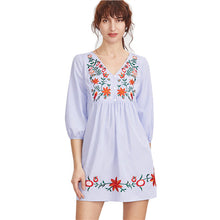 SHEIN Embroidered Blue Striped Button Front Lantern Sleeve Boho Dress V Neck Three Quarter Length Sleeve A Line Dress