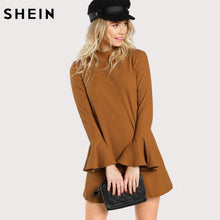 SHEIN Flare Sleeve Rib Knit Straight Dress Ginger High Neck Woman Dresses Autumn Long Sleeve Casual T shirt Dress