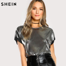 SHEIN Roll Cut Coated T-shirt Silver Short Sleeve O Neck Regular Fit T-shirt Ladies Party Summer T shirts for Women