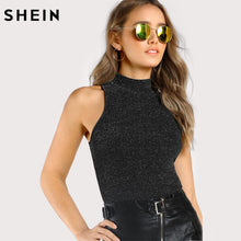 SHEIN Tank Top Women Mock Neck Ribbed Glitter Top Black Women Fitness Vest Stand Collar Elegant Tank Tops for Women