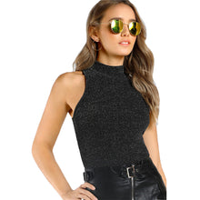 SHEIN Tank Top Women Mock Neck Ribbed Glitter Top Black Women Fitness Vest Stand Collar Elegant Tank Tops for Women