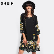 SHEIN Floral Women Dresses Multicolor Three Quarter Length Sleeve Scoop Neck Straight Dress Flower Print Flowy Dress