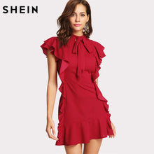 SHEIN Women Party Dress Flounce Embellished Tied Neck Dress Red Tie Neck Cap Sleeve Ruffle Hem Zipper Back Sheath Dress
