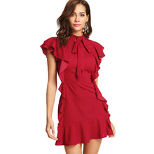 SHEIN Women Party Dress Flounce Embellished Tied Neck Dress Red Tie Neck Cap Sleeve Ruffle Hem Zipper Back Sheath Dress