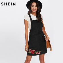 SHEIN Casual Dress Clothes Women Black Sleeveless Rose Embroidery Patch Overall Dress Floral Sheath Dresses for Women