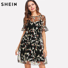 SHEIN Summer Dresses Multicolor High Waist Short Sleeve Fit and Flare Ruffle Cuff Embroidered Mesh 2 In 1 A Line Dress