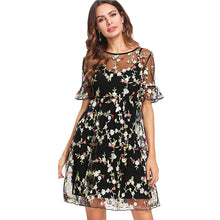 SHEIN Summer Dresses Multicolor High Waist Short Sleeve Fit and Flare Ruffle Cuff Embroidered Mesh 2 In 1 A Line Dress