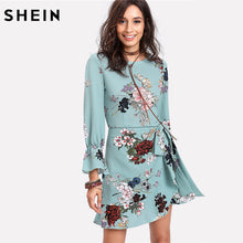 SHEIN Vacacion Dresses Trumpet Sleeve Ruffled Overlap Dress Multicolor Three Quarter Length Sleeve Floral Belted A Line Dress