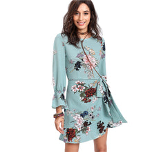 SHEIN Vacacion Dresses Trumpet Sleeve Ruffled Overlap Dress Multicolor Three Quarter Length Sleeve Floral Belted A Line Dress