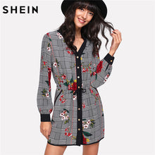 SHEIN Casual Dress Multicolor Long Sleeve V Neck Floral Dress Contrast Trim Drawstring Waist Mixed Print Shirt Dress
