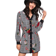 SHEIN Casual Dress Multicolor Long Sleeve V Neck Floral Dress Contrast Trim Drawstring Waist Mixed Print Shirt Dress