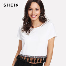 SHEIN Embroidered Tape & Tassel Hem Tee 2018 Summer Ladies Vacation Crop T shirt Tops Round Neck Short Sleeve Fringe T-shirt