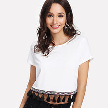 SHEIN Embroidered Tape & Tassel Hem Tee 2018 Summer Ladies Vacation Crop T shirt Tops Round Neck Short Sleeve Fringe T-shirt