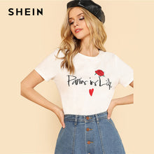 SHEIN Letter And Flower Embroidered Tee White Round Neck Short Sleeve Clothing Women Cotton T-shirt 2018 Summer Casual Top Tee