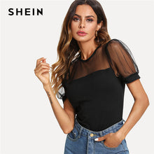 SHEIN Mesh Yoke Puff Sleeve Fitted Tee Women Black Round Neck Short Sleeve Plain T-shirt 2018 Summer New Sexy Party Top Tee