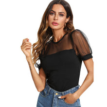 SHEIN Mesh Yoke Puff Sleeve Fitted Tee Women Black Round Neck Short Sleeve Plain T-shirt 2018 Summer New Sexy Party Top Tee