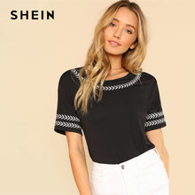 SHEIN Leaf Embroidery Trim Tee Black Round Neck Short Sleeve Clothing Women Casual T-shirt 2018 Summer Female New Top Tee