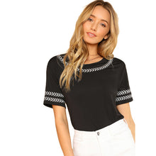 SHEIN Leaf Embroidery Trim Tee Black Round Neck Short Sleeve Clothing Women Casual T-shirt 2018 Summer Female New Top Tee
