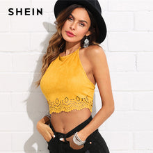 SHEIN Scallop Laser Cut Suede Halter Top 2018 Summer Cut Out Scallop Halter Vest Woman Yellow Solid Vacation Vest