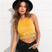 SHEIN Scallop Laser Cut Suede Halter Top 2018 Summer Cut Out Scallop Halter Vest Woman Yellow Solid Vacation Vest