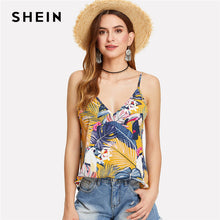SHEIN Multicolor Vacation Boho Bohemian Beach Floral Tropical Mixed Print Backless Double Deep V Neck Summer Women Cami Top