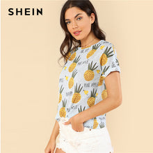 SHEIN Blue Preppy Round Neck Short Sleeve Fruits Print Letter Regular Fit Tee Summer Girls Youthful T-shirt Top