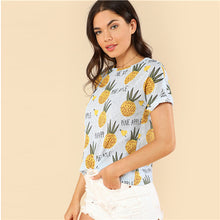 SHEIN Blue Preppy Round Neck Short Sleeve Fruits Print Letter Regular Fit Tee Summer Girls Youthful T-shirt Top