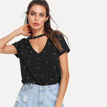 SHEIN Black Pearl Beading Choker Neck Short Sleeve V Collar T-shirt Summer Women Weekend Casual Tee Top