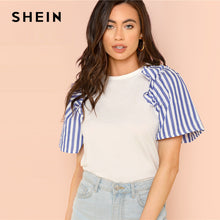 SHEIN Beige Weekend Casual Ruffle Striped Sleeve Keyhole Back Round Neck Tee Summer Women Going Out T-shirt Top