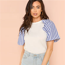 SHEIN Beige Weekend Casual Ruffle Striped Sleeve Keyhole Back Round Neck Tee Summer Women Going Out T-shirt Top