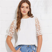 SHEIN White Minimalist Workwear Office Lady Polka Dot Mesh Flounce Sleeve Ruffle Cuff O-Neck Tee Summer Women Casual T-shirt Top